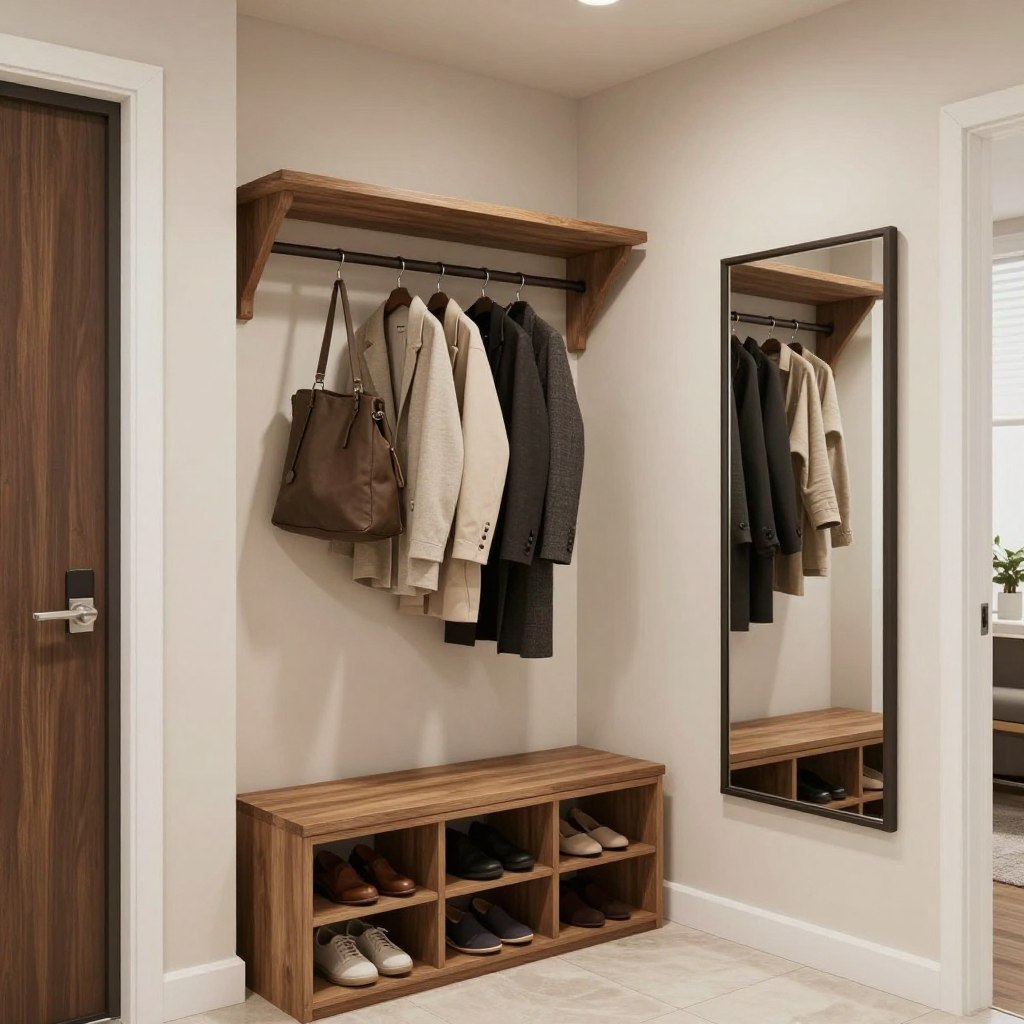 A welcoming entryway featuring a blend of modern and cozy design elements. In the foreground, a stylish console table with functional storage drawers is adorned with a vase of fresh flowers and a decorative bowl. The middle ground showcases a comfortable bench with soft cushions, nestled against the wall. Pendant lights cast warm, inviting illumination throughout the space, enhancing a sense of welcome. The background reveals a light-colored wall adorned with family photographs in simple frames, along with greenery from potted plants. The scene captures a harmonious atmosphere, emphasizing a balance between usability and aesthetics, with soft natural light filtering in through a nearby window, creating a serene, inviting mood.