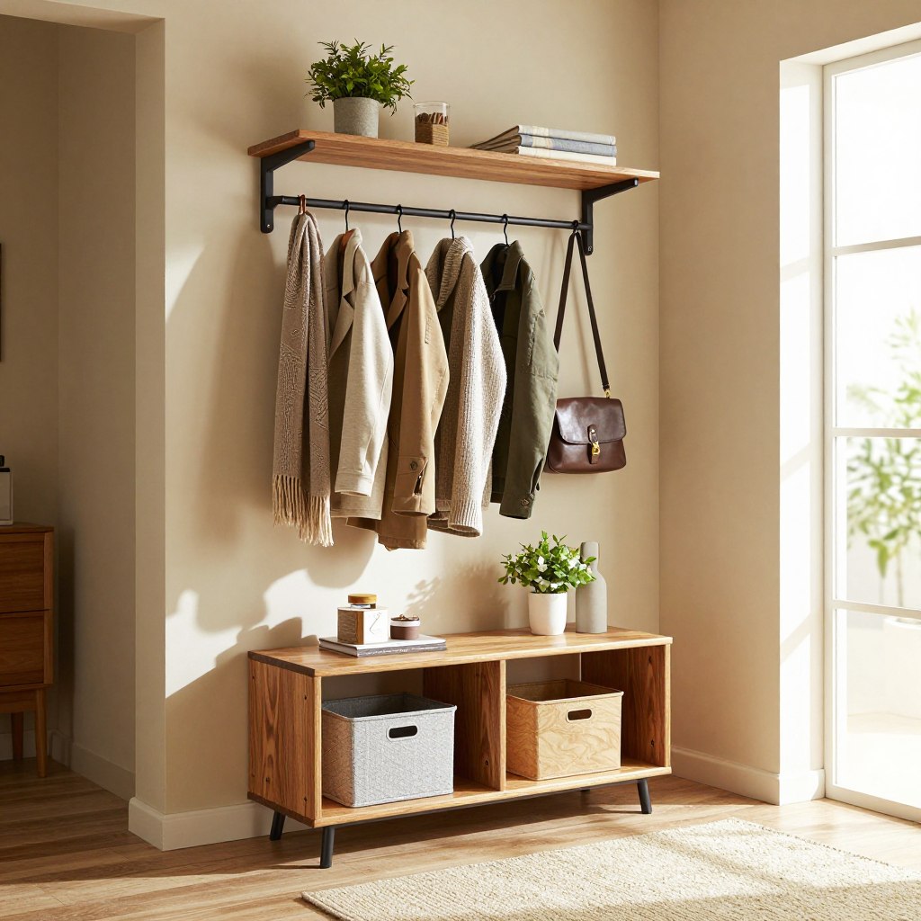 A well-designed entryway featuring efficient storage solutions, showcasing a stylish combination of wooden shelves and a modern coat rack. In the foreground, a sleek coat rack with hooks neatly arranged for hanging jackets, scarves, and bags. The middle layer features open shelving with organizational bins, plants, and decorative items, creating an inviting atmosphere. The background portrays a subtle entryway scene with a warm, neutral color palette. Natural light floods the space from a nearby window, creating soft shadows and highlighting the textures of the wood and materials. A cozy rug lies underfoot, enhancing the inviting feel. The overall mood is bright, organized, and functional, perfect for maximizing entryway space.