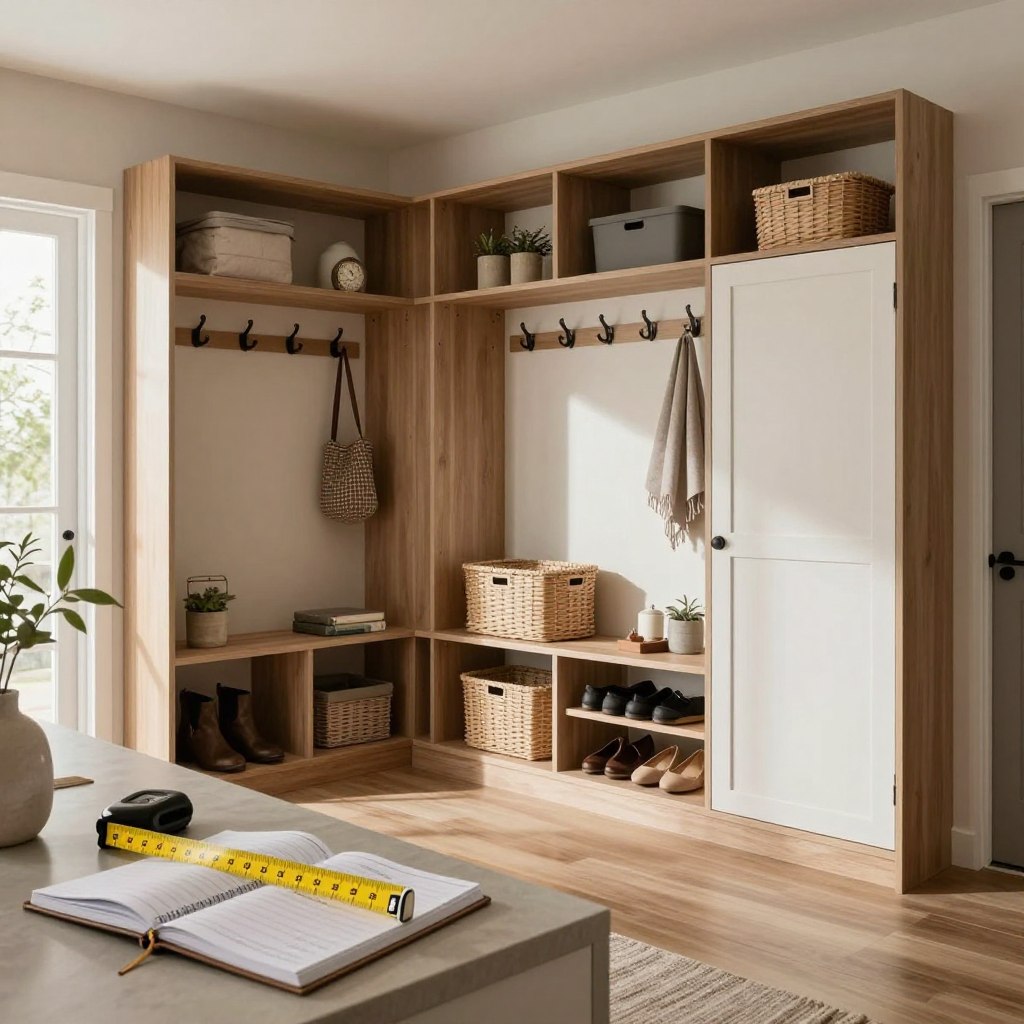 A well-designed entryway storage solution, featuring a spacious hallway with open shelving and built-in cabinets lined against the walls, elegantly enhancing organization. In the foreground, a large measuring tape and a notebook rest on a stylish console table, emphasizing the theme of planning and measurement. The middle ground showcases various storage options like coat hooks, decorative baskets, and a shoe rack, all harmoniously arranged. In the background, soft, natural light enters through a window, casting gentle shadows and creating an inviting atmosphere. A wide-angle perspective captures the entirety of the space, showcasing a clean, modern aesthetic that promotes efficiency. The color palette consists of warm neutrals with subtle accent colors, exuding a calm and organized mood suited for an entryway.