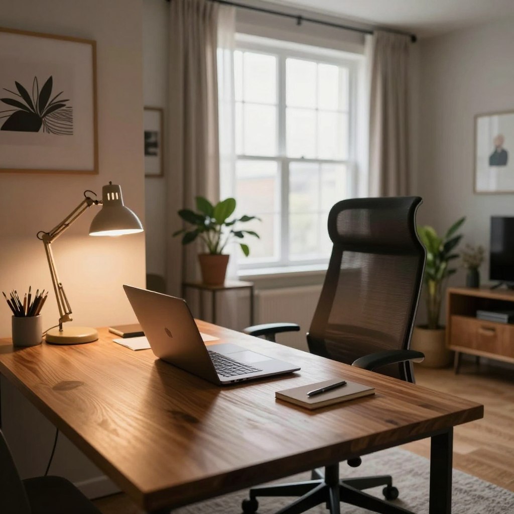 A well-designed home office workspace featuring an effective lighting setup. In the foreground, there is a sleek wooden desk with a modern laptop, a stylish desk lamp with warm lighting, and scattered stationery. The middle ground shows an ergonomic office chair, and a large window with light-filtering curtains, allowing natural light to flood the room. In the background, neutral-colored walls adorned with motivational art create an inspiring atmosphere. The scene is illuminated with a combination of warm ambient lighting and focused task lighting, reflecting a cozy and productive mood. The angle is slightly elevated, showcasing depth and inviting perspective, and there are elegant potted plants adding a touch of greenery. The space is devoid of any clutter, emphasizing professionalism and tranquility. A well-designed home office workspace featuring an effective lighting setup. In the foreground, there is a sleek wooden desk with a modern laptop, a stylish desk lamp with warm lighting, and scattered stationery. The middle ground shows an ergonomic office chair, and a large window with light-filtering curtains, allowing natural light to flood the room. In the background, neutral-colored walls adorned with motivational art create an inspiring atmosphere. The scene is illuminated with a combination of warm ambient lighting and focused task lighting, reflecting a cozy and productive mood. The angle is slightly elevated, showcasing depth and inviting perspective, and there are elegant potted plants adding a touch of greenery. The space is devoid of any clutter, emphasizing professionalism and tranquility.