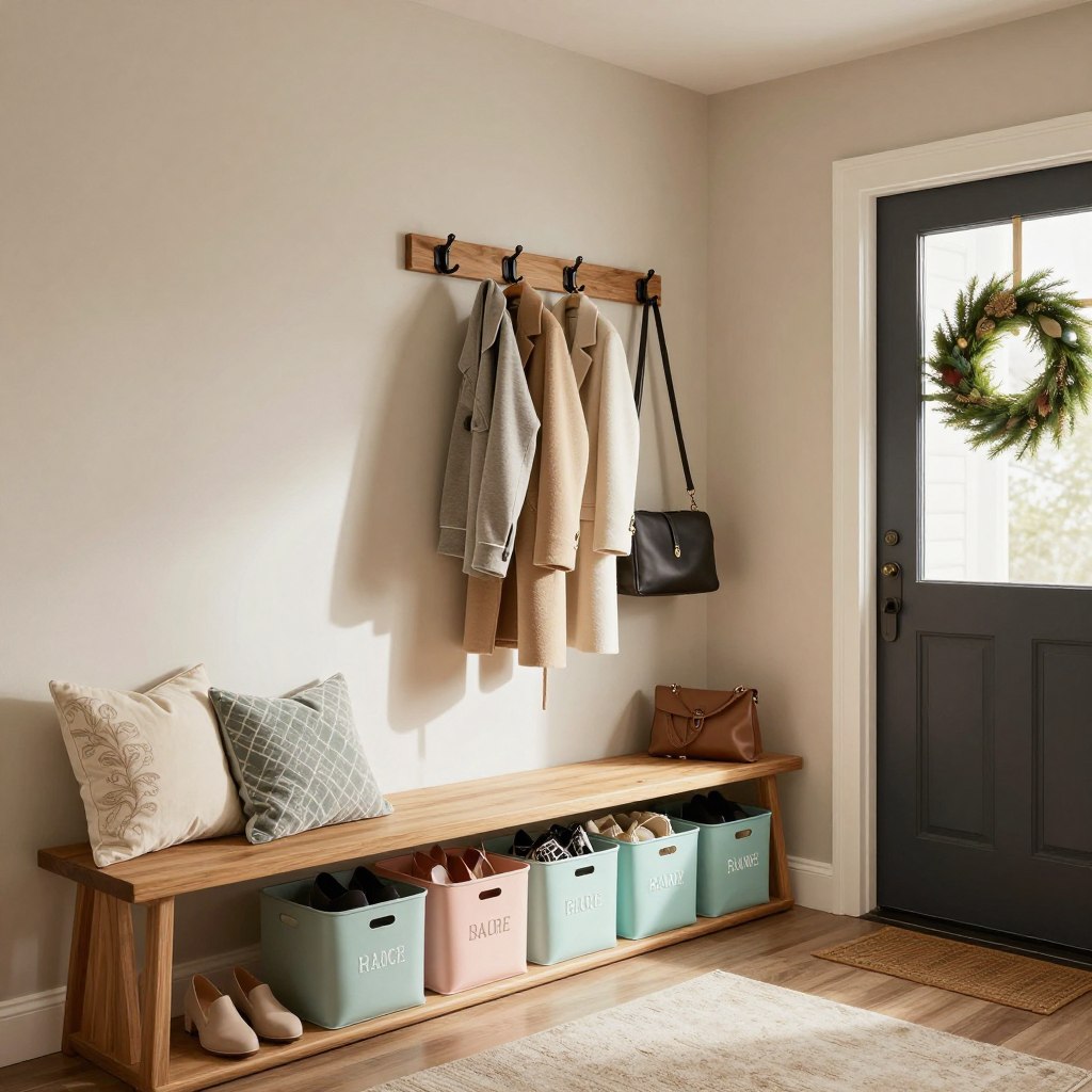 A well-organized entryway featuring designated storage zones, showcasing labeled baskets for shoes, hooks for coats, and a small bench for convenience. The foreground presents a stylish wooden bench adorned with decorative pillows, while to the side, a row of neatly arranged labeled boxes in pastel colors holds accessories. In the middle, a wall-mounted coat rack displays elegant jackets and bags, all neatly organized. The background features a welcoming door with a decorative wreath, allowing soft, natural light to stream in, illuminating the space with a warm glow. The entire scene conveys a serene and inviting atmosphere, reflecting a functional yet aesthetic approach to maximizing entryway storage. Use a wide-angle lens for depth, capturing the harmonious blend of organization and design.