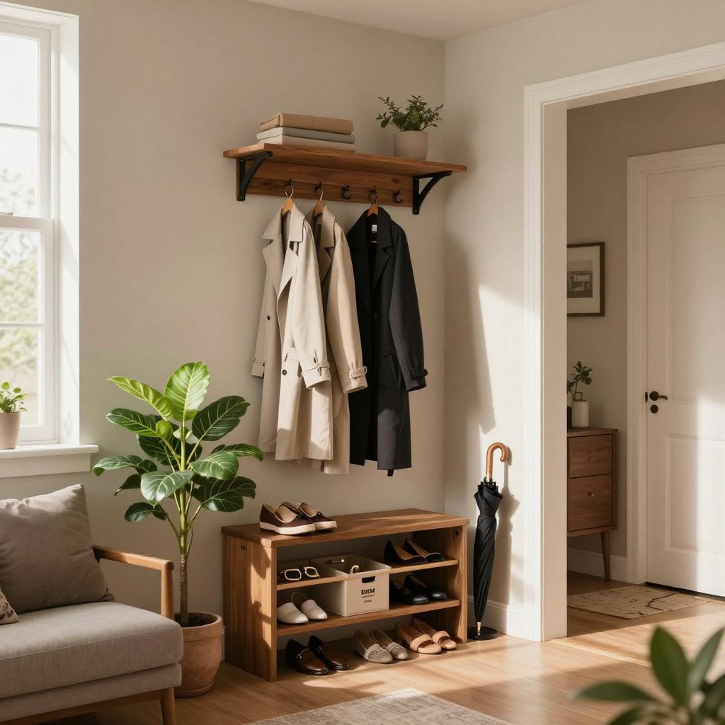 A well-organized entryway showcasing a stylish shoe rack, neatly arranged coats on hooks, and labeled bins for accessories. In the foreground, a beautiful potted plant adds a touch of greenery next to a cozy bench with soft cushions. The middle ground features a well-lit, inviting hallway emphasizing efficient storage solutions like wall-mounted shelves and an umbrella stand. Soft natural light streams in through a nearby window, casting gentle shadows that create a warm atmosphere. The background reveals a simple, modern design with a muted color palette, evoking a sense of calm and order. The scene is captured with a slightly elevated angle to provide depth, highlighting the importance of maintaining an organized entryway.