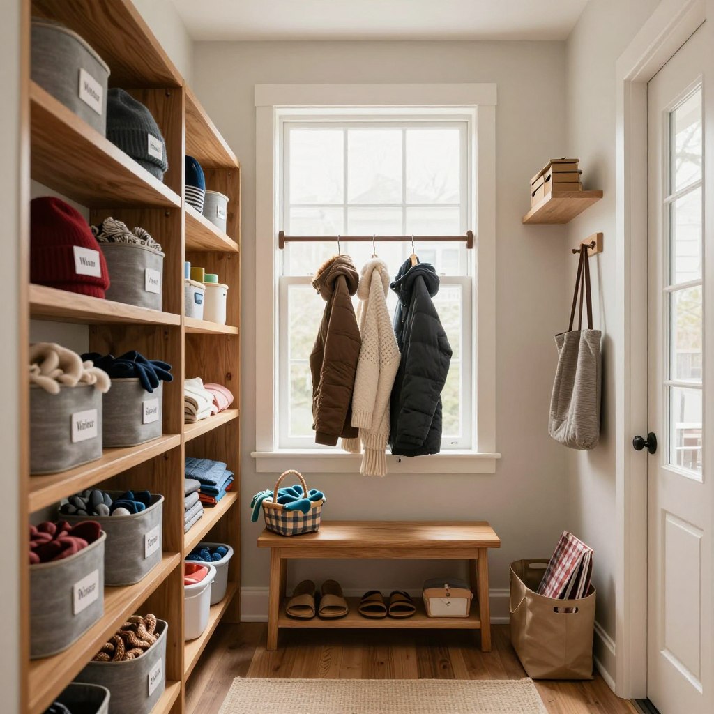 A well-organized entryway storage hallway, displaying a seasonal rotation of items. In the foreground, wooden shelves filled with neatly labeled bins containing winter gear, such as hats, gloves, and scarves, interspersed with summer items like sandals and picnic supplies. In the middle, a stylish coat rack with a few jackets hung efficiently, complemented by a small bench for easy seating. The background features a light, airy space with large windows allowing soft, natural daylight to flood in, enhancing the warm and inviting feel of the organization. The scene is captured from a slight angle, showcasing depth and inviting viewers into the space, creating an atmosphere of calm and productivity.