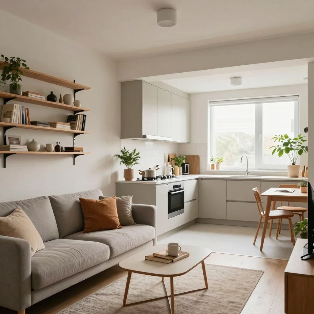 A well-organized studio apartment interior featuring innovative small space design. In the foreground, a stylish sofa adorned with cozy cushions faces a compact, minimalist coffee table. A sleek wall-mounted bookshelf is filled with carefully curated decor items, showcasing a clutter-free environment. In the middle, a functional, open kitchen space with high-quality appliances and decorative plants enhances the ambiance. The background shows large windows allowing soft, natural light to fill the room, accentuating the light color palette of the walls and furniture. The atmosphere is serene and inviting, indicating a practical yet aesthetically pleasing living space, shot from a slightly low angle to emphasize the room's height and openness. The overall mood is tranquil, promoting a sense of order and peace. A well-organized studio apartment interior featuring innovative small space design. In the foreground, a stylish sofa adorned with cozy cushions faces a compact, minimalist coffee table. A sleek wall-mounted bookshelf is filled with carefully curated decor items, showcasing a clutter-free environment. In the middle, a functional, open kitchen space with high-quality appliances and decorative plants enhances the ambiance. The background shows large windows allowing soft, natural light to fill the room, accentuating the light color palette of the walls and furniture. The atmosphere is serene and inviting, indicating a practical yet aesthetically pleasing living space, shot from a slightly low angle to emphasize the room's height and openness. The overall mood is tranquil, promoting a sense of order and peace.