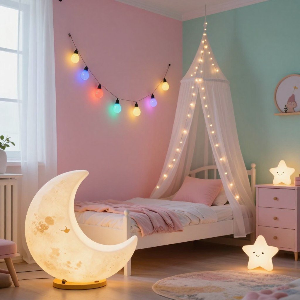 A whimsical girl’s bedroom featuring playful lighting options. In the foreground, showcase a charming bedside lamp shaped like a moon, casting a soft glow. The middle layer includes a beautifully decorated wall with colorful string lights draping lazily, illuminating the room with a warm ambiance. Various playful lighting fixtures are scattered throughout—think rainbow-colored fairy lights strung across a soft white canopy bed and a cute, star-shaped nightlight on a pastel-colored dresser. In the background, the walls are painted in light shades of pink and mint green, creating a cheerful space. The overall mood is lively and enchanting, evoking a sense of wonder and creativity, perfect for a girl’s retreat. Soft, diffused natural lighting streams through a window, enhancing the cozy atmosphere. A whimsical girl’s bedroom featuring playful lighting options. In the foreground, showcase a charming bedside lamp shaped like a moon, casting a soft glow. The middle layer includes a beautifully decorated wall with colorful string lights draping lazily, illuminating the room with a warm ambiance. Various playful lighting fixtures are scattered throughout—think rainbow-colored fairy lights strung across a soft white canopy bed and a cute, star-shaped nightlight on a pastel-colored dresser. In the background, the walls are painted in light shades of pink and mint green, creating a cheerful space. The overall mood is lively and enchanting, evoking a sense of wonder and creativity, perfect for a girl’s retreat. Soft, diffused natural lighting streams through a window, enhancing the cozy atmosphere.