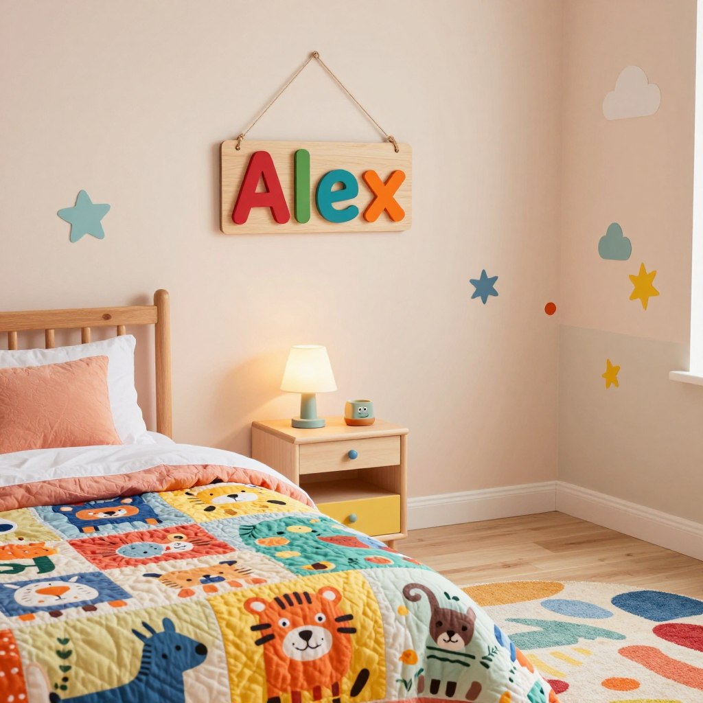A whimsical kids' room decor scene featuring a personalized name sign hanging above a cozy bed. In the foreground, there's a charming, brightly colored quilt on the bed with playful animal patterns. On the wall, a beautifully crafted wooden name sign displays the name "Alex" in cheerful, bold letters. In the middle, there's a whimsical nightstand with a small lamp shaped like a character, and a colorful rug with abstract shapes on the floor. The background showcases pastel-colored walls decorated with fun wall art and themed decals, such as stars and clouds. Soft, warm lighting creates an inviting atmosphere, and the angle captures the room from a slightly elevated perspective, giving a cozy, spacious feel. The overall mood is playful and cheerful, perfect for a child’s imagination.