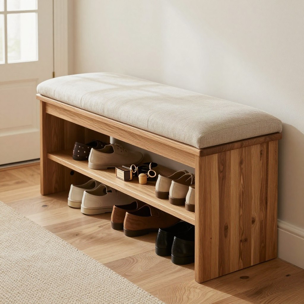 An elegant entryway bench designed for functionality, featuring a spacious under-storage compartment for shoes and accessories. The bench is crafted from warm oak wood, with a soft, cushioned seat upholstered in a neutral fabric. In the foreground, the focus is on the bench, showcasing its rich texture and inviting design. In the middle, stylishly arranged shoes and small accessories peek out from the storage compartment, emphasizing practicality. The background reveals a bright, airy entry hall with subtle natural light streaming in through a frosted glass door, giving a fresh and welcoming feel. The scene captures a cozy and organized atmosphere, ideal for maximizing space with multi-functional furniture.