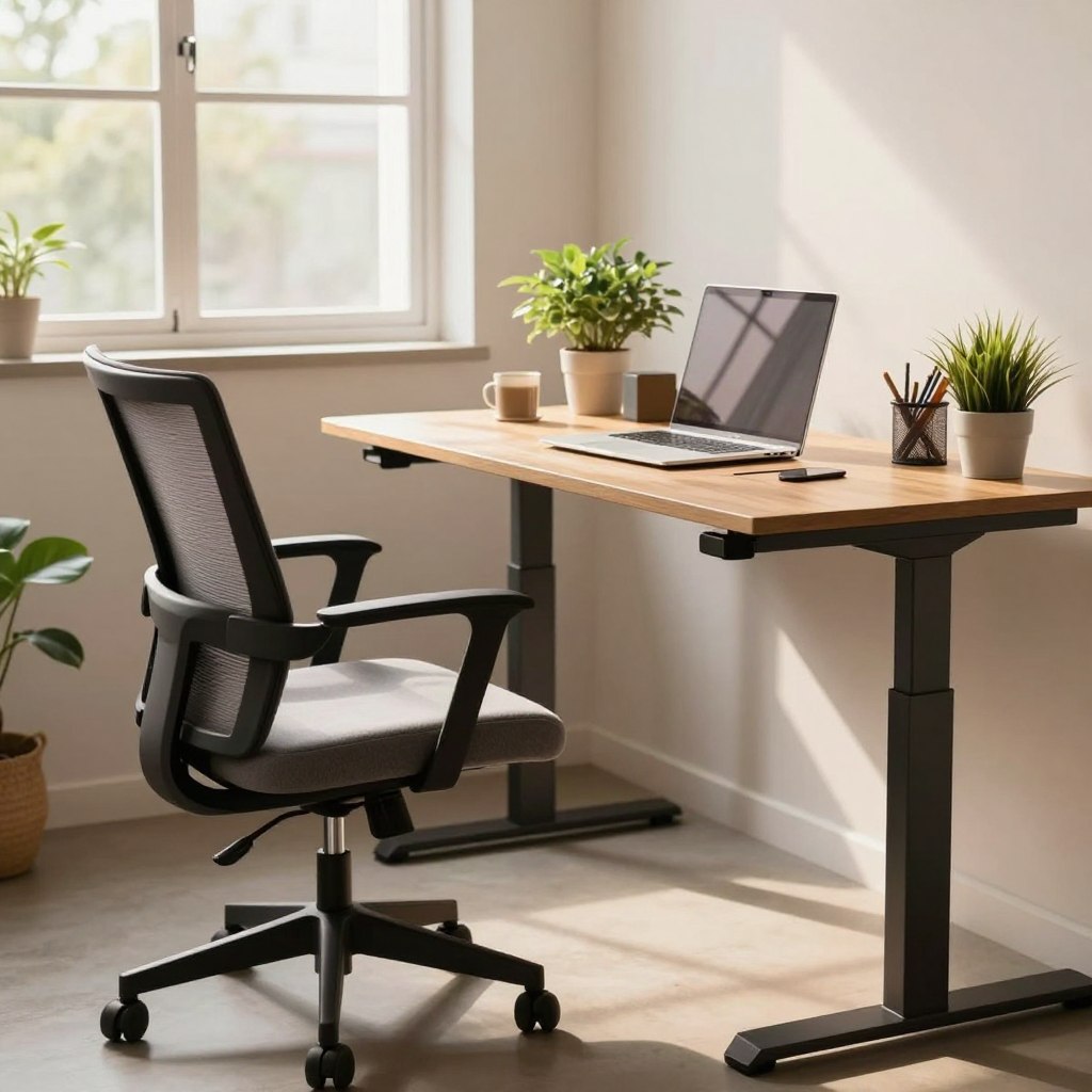 An inviting and stylish ergonomic office setup, featuring a sleek, adjustable standing desk paired with a comfortable, modern office chair. In the foreground, the chair showcases lumbar support and plush cushioning, while the desk is positioned at an optimal height, displaying a laptop, a plant, and a few neatly arranged stationery items. The middle ground highlights a slightly cluttered but organized workspace, creating an atmosphere of productivity. In the background, a large window offers natural light, illuminating the space with a warm glow, and hints of greenery from outdoor plants add freshness. The scene captures a harmonious balance of comfort and functionality, with a professional yet cozy ambiance ideal for inspiring work. The overall mood is motivational and conducive to a focused mindset. An inviting and stylish ergonomic office setup, featuring a sleek, adjustable standing desk paired with a comfortable, modern office chair. In the foreground, the chair showcases lumbar support and plush cushioning, while the desk is positioned at an optimal height, displaying a laptop, a plant, and a few neatly arranged stationery items. The middle ground highlights a slightly cluttered but organized workspace, creating an atmosphere of productivity. In the background, a large window offers natural light, illuminating the space with a warm glow, and hints of greenery from outdoor plants add freshness. The scene captures a harmonious balance of comfort and functionality, with a professional yet cozy ambiance ideal for inspiring work. The overall mood is motivational and conducive to a focused mindset.