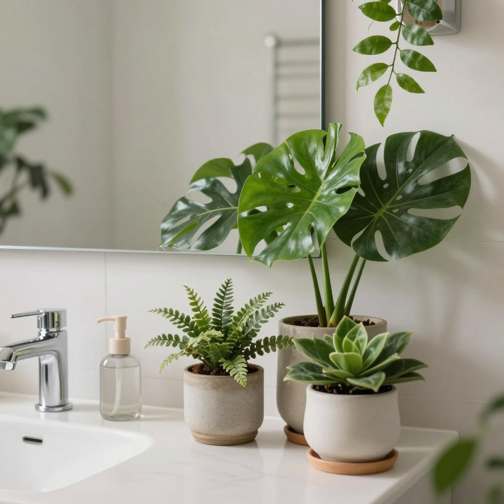 Create a serene bathroom scene featuring plant-based decor that emphasizes lush green plants and natural elements. In the foreground, include a beautifully styled sink surrounded by potted ferns and succulents, their vibrant leaves offering a touch of life. In the middle, display a wooden vanity adorned with bamboo accents and woven baskets, enhancing the organic feel. In the background, showcase large windows allowing soft, natural light to flood the space, illuminating a stunning vertical garden of climbing vines and hanging plants. The overall atmosphere should convey tranquility and freshness, with a color palette of earthy tones and greens. Use a soft-focus lens and a slightly elevated angle to create a welcoming and spacious vibe. Ensure the composition is harmonious, without any text or distractions. Create a serene bathroom scene featuring plant-based decor that emphasizes lush green plants and natural elements. In the foreground, include a beautifully styled sink surrounded by potted ferns and succulents, their vibrant leaves offering a touch of life. In the middle, display a wooden vanity adorned with bamboo accents and woven baskets, enhancing the organic feel. In the background, showcase large windows allowing soft, natural light to flood the space, illuminating a stunning vertical garden of climbing vines and hanging plants. The overall atmosphere should convey tranquility and freshness, with a color palette of earthy tones and greens. Use a soft-focus lens and a slightly elevated angle to create a welcoming and spacious vibe. Ensure the composition is harmonious, without any text or distractions.