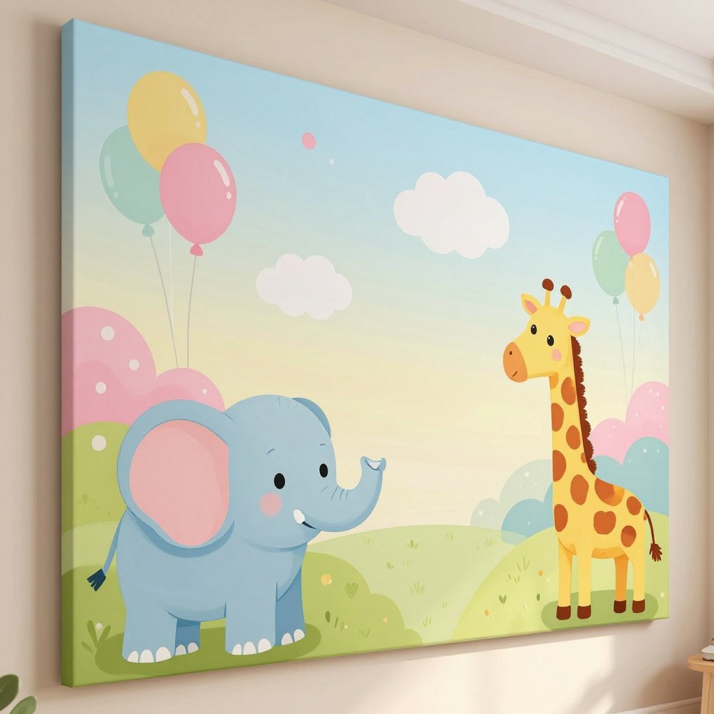 Create a vibrant and inviting wall art scene for a children's room, featuring a whimsical design that includes playful animals, cheerful clouds, and colorful balloons. In the foreground, display a friendly cartoon elephant and a curious giraffe painted in bright and pastel colors such as soft pinks, blues, and yellows, with accents of green. The middle ground should showcase abstract shapes and patterns, blending seamlessly to enhance the fun atmosphere. In the background, include a soft, gradient sky transitioning from light blue to yellow, evoking a sunny day. Illuminate the scene with warm, soft lighting that creates a cozy and joyful mood. Capture this composition at a slight upward angle to emphasize the height of the walls and create a sense of wonder for children.