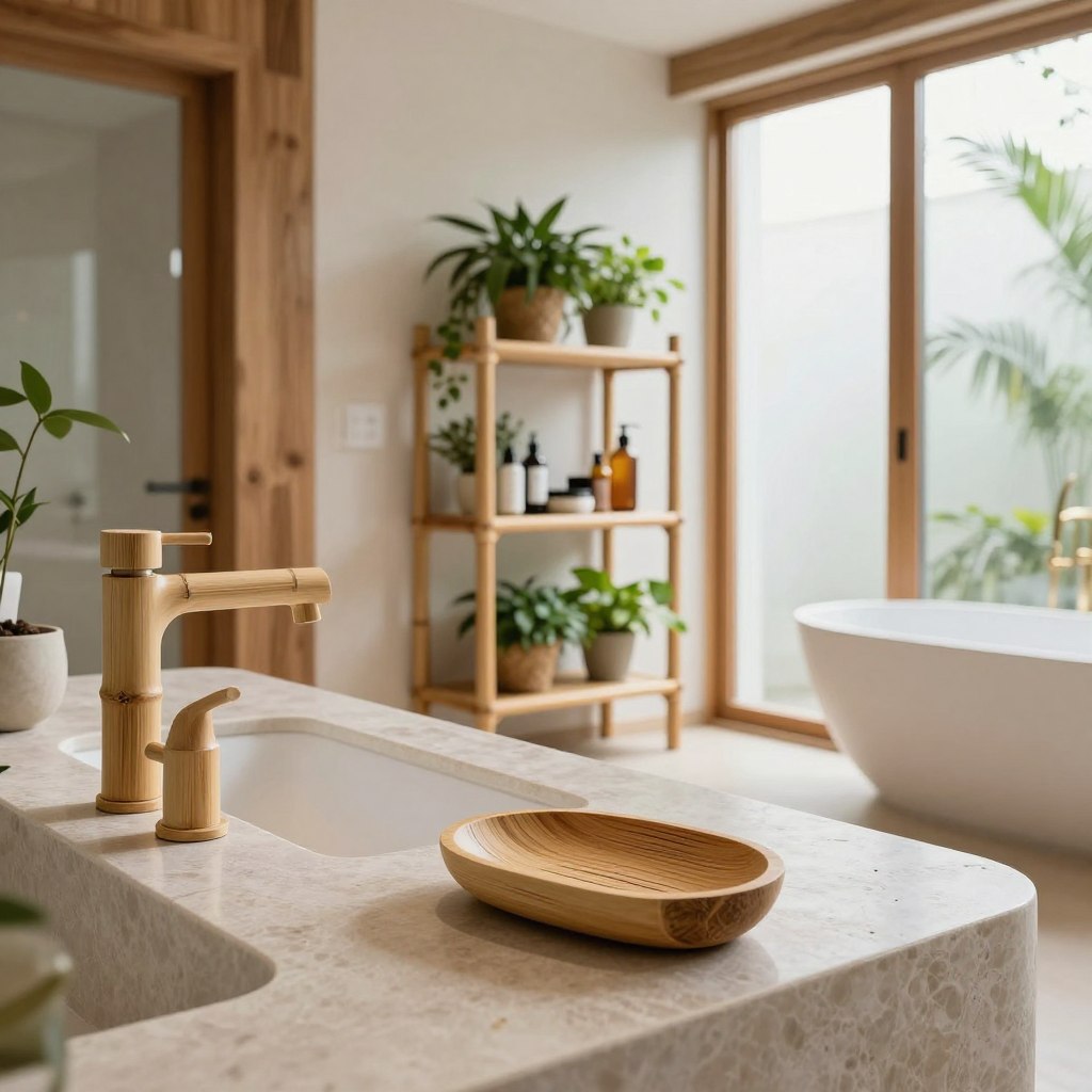 Create an elegant bathroom interior showcasing bamboo fixtures, emphasizing a sustainable design ethos. In the foreground, feature a sleek bamboo faucet and a beautifully crafted bamboo soap dish artfully positioned on a modern, organic countertop. In the middle ground, incorporate a minimalist bamboo shelving unit displaying lush green plants and eco-friendly toiletries, highlighting the connection to nature. The background should present a serene bathroom space with warm wooden accents and soft natural light filtering through frosted glass windows, creating a calming atmosphere. Use a wide-angle lens to capture the essence of spaciousness and harmony, with a focus on textural richness and earthy color tones. Aim for a tranquil and inviting mood that reflects modern organic decor. Create an elegant bathroom interior showcasing bamboo fixtures, emphasizing a sustainable design ethos. In the foreground, feature a sleek bamboo faucet and a beautifully crafted bamboo soap dish artfully positioned on a modern, organic countertop. In the middle ground, incorporate a minimalist bamboo shelving unit displaying lush green plants and eco-friendly toiletries, highlighting the connection to nature. The background should present a serene bathroom space with warm wooden accents and soft natural light filtering through frosted glass windows, creating a calming atmosphere. Use a wide-angle lens to capture the essence of spaciousness and harmony, with a focus on textural richness and earthy color tones. Aim for a tranquil and inviting mood that reflects modern organic decor.