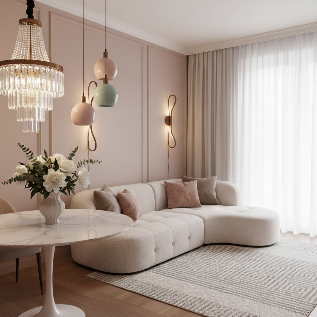 Elegant apartment lighting fixtures illuminate a cozy girly apartment space, featuring a mix of modern and vintage designs. In the foreground, a chic crystal chandelier sparkles softly, casting a warm glow. Nearby, delicate pendant lights with pastel shades hang above a stylish dining table adorned with floral accents. The middle background highlights wall sconces with elegant curves, accentuating the graceful lines of the room. The walls are painted in soft blush tones, complemented by plush cushions and textured throw blankets on a stylish sofa. The atmosphere is inviting and chic, evoking a sense of comfort and tranquility. Natural light filters through sheer curtains, enhancing the ambiance. Capture this scene from a slightly angled perspective to showcase the interplay of light and design, with focus on warmth and elegance, creating a perfect girly oasis.