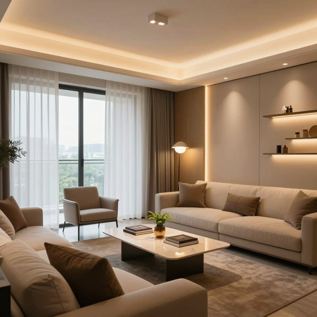 Modern apartment interior featuring layered lighting design, showcasing a stylish living area that combines elegance and comfort. In the foreground, a sleek sofa with plush cushions sits against a warm, textured wall. The middle ground highlights a contemporary coffee table adorned with decorative books and a small plant, illuminated by soft golden accent lights. In the background, floor-to-ceiling windows allow natural light to filter in, while sheer curtains create a calming ambiance. Soft LED strips line the ceiling and shelves, casting a warm glow throughout the space. A minimalist pendant light hangs above, enhancing the sophisticated atmosphere. The color palette includes muted earth tones and soft whites, conveying a serene yet inviting mood. The scene captures the transformative power of lighting in apartment decor.