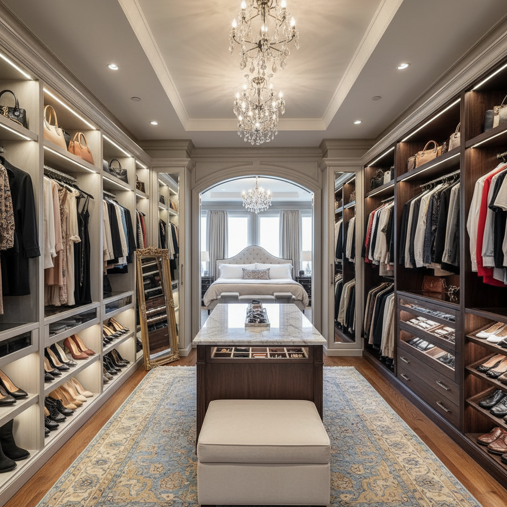 Opulent bedroom interiors featuring luxurious furnishings and smart technology. The foreground includes a plush king-size bed with an ornate headboard, accented by elegant bedding in muted tones. On either side, sophisticated nightstands hold modern smart lamps. In the middle, a spacious custom walk-in closet displays neatly organized designer clothing and accessories with soft ambient lighting. The background reveals expansive windows draped with rich curtains, allowing natural light to filter in and enhance the room's cozy atmosphere. The overall mood is one of contemporary elegance and comfort, emphasizing a perfect blend of luxury and functionality. Use a warm color palette to evoke a welcoming vibe, and apply a soft focus with a slight lens vignette to create a dreamy effect. Opulent bedroom interiors featuring luxurious furnishings and smart technology. The foreground includes a plush king-size bed with an ornate headboard, accented by elegant bedding in muted tones. On either side, sophisticated nightstands hold modern smart lamps. In the middle, a spacious custom walk-in closet displays neatly organized designer clothing and accessories with soft ambient lighting. The background reveals expansive windows draped with rich curtains, allowing natural light to filter in and enhance the room's cozy atmosphere. The overall mood is one of contemporary elegance and comfort, emphasizing a perfect blend of luxury and functionality. Use a warm color palette to evoke a welcoming vibe, and apply a soft focus with a slight lens vignette to create a dreamy effect.