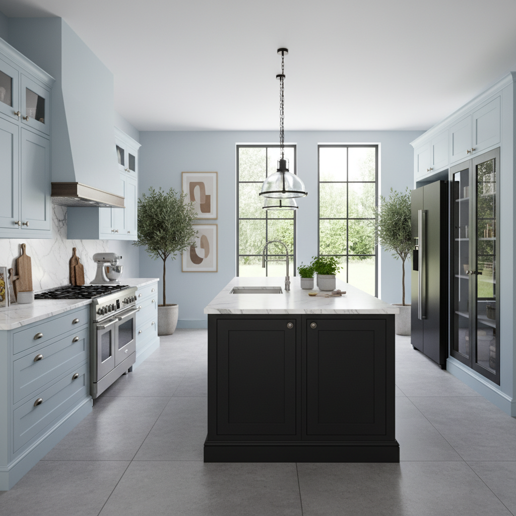 Sleek kitchen cabinets with a modern design, featuring smooth, matte finishes in muted tones of gray and white. In the foreground, showcase a stylish kitchen island with minimalist lines and integrated appliances, illuminated by warm, ambient lighting that casts soft shadows. In the middle ground, depict the cabinets with handleless doors, emphasizing clean aesthetics and meticulous craftsmanship; include a tasteful arrangement of kitchenware for added detail. In the background, a vibrant backsplash made of patterned tiles contrasts beautifully with the cabinetry, bringing depth to the image. The angle should capture the kitchen from a slightly elevated perspective, creating a welcoming and sophisticated atmosphere, ideal for a contemporary home.