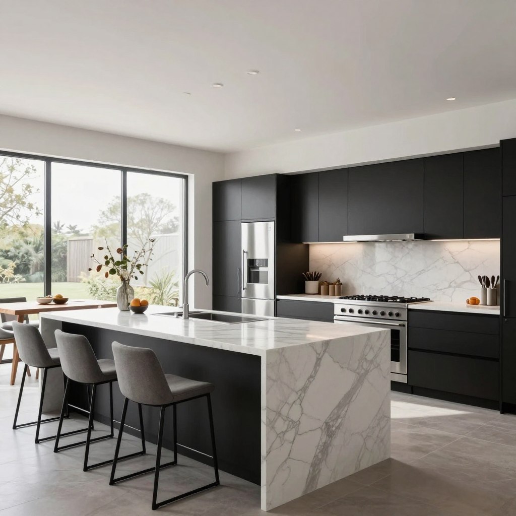 a sleek modern kitchen design featuring an open layout, abundant natural light streaming through large windows, highlighting the elegant cabinetry and marble countertops. In the foreground, a contemporary island with minimalist bar stools invites social interaction. The middle section showcases stainless steel appliances seamlessly integrated into the design, alongside a spacious dining area with a wooden table and stylish decor elements. In the background, sleek lines and a neutral color palette emphasize a sense of openness and tranquility. Soft ambient lighting creates a warm atmosphere, capturing the essence of a welcoming yet sophisticated space. Use a wide-angle perspective to enhance the spaciousness and vibrant mood of the scene.